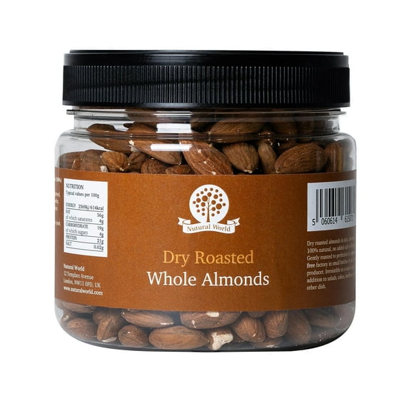 Nutural World - Dry Roasted Whole Almonds - Unsalted 17.63 oz (500g) - Great Taste Award Winner - Vegan, Kosher, Paleo Friendly