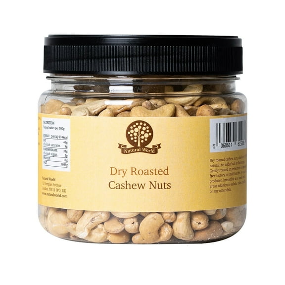 Nutural World Dry Roasted Whole Cashews, Unsalted, Vegan, Kosher, 17.63 oz (500g)