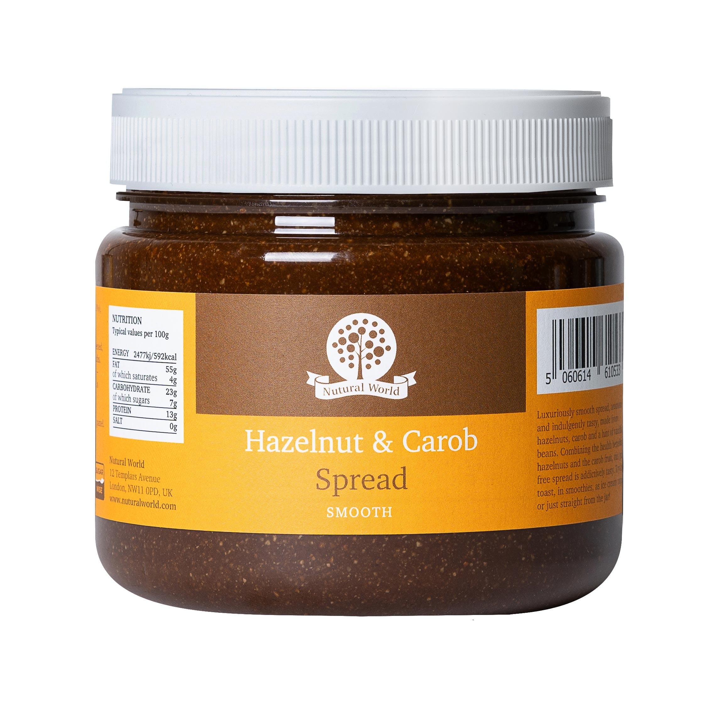 Nutural World - Smooth Hazelnut and Carob Spread 35 oz (1kg) - Vegan, Kosher, Paleo Friendly