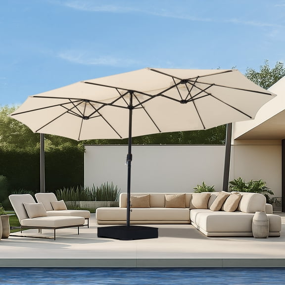 Nuu Garden 15 x 9 FT Double-Sided Patio Umbrella with Umbrella Base, 12 Sturdy Ribs Outdoor Double-Sided Umbrella Oversized Shade for 8-10 People, UV Protection Water Resistance, Beige