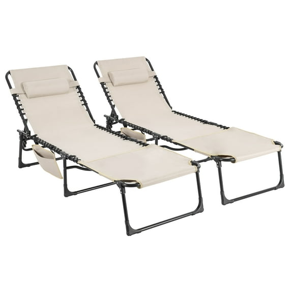Nuu Garden 2-Piece Folding Oxford Chaise Lounge Chair, Adjustable 5-Position Portable Tanning Chair, Camping Reclining Lounge Chair with Pillow, khaki