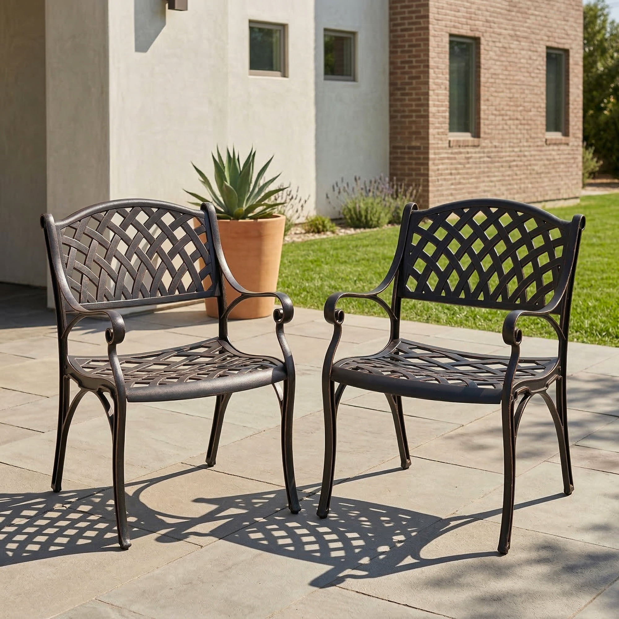 Nuu Garden 2 Piece Cast Aluminum Patio Dining Chairs with Armrests, Outdoor Bistro, Balcony, Backyard, Garden, Black with Gold Speckles