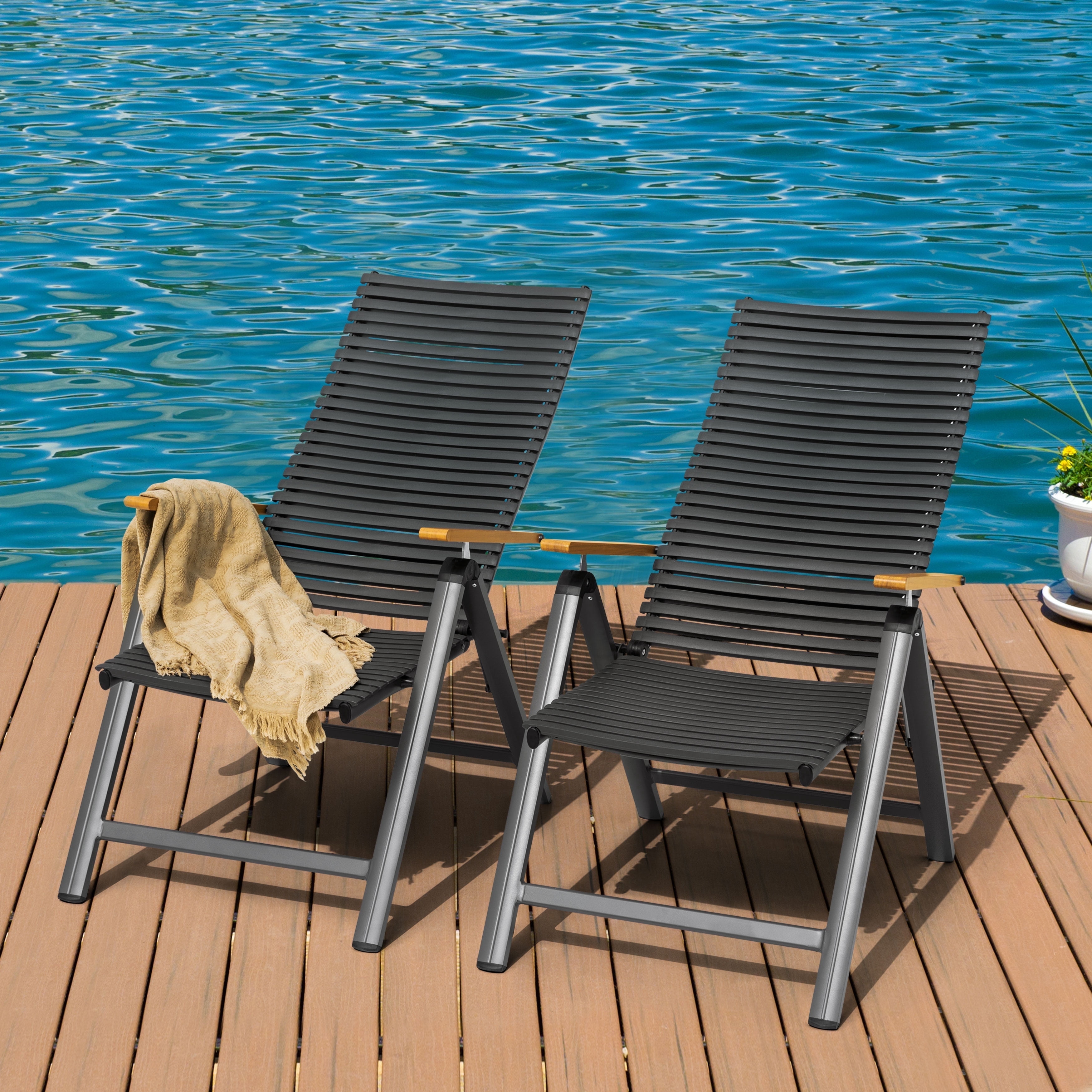 Nuu Garden 2-Piece Outdoor Folding Chairs, Rust-Resistant and Lightweight Aluminum Frame, Lawn Chairs Camping Chairs with Adjustable Backrests, Patio Portable Chairs, Dark