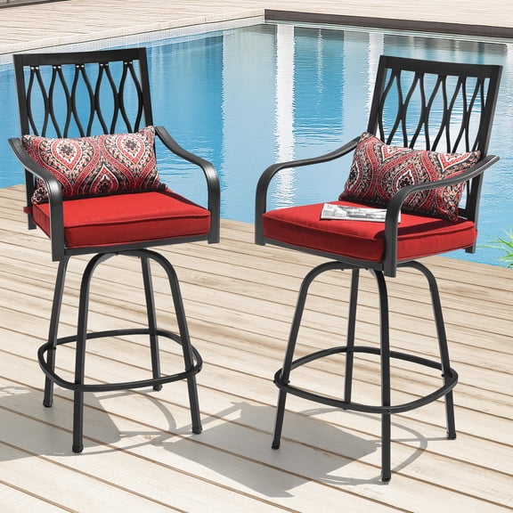 Nuu Garden 2 Piece Outdoor Patio Swivel Bar Stool Set, Steel Bar Height Bistro Chairs, with Padded Cushions and Extra Pillows, Patio, Garden, Backyard and Balcony, Black with Gold Points and Red