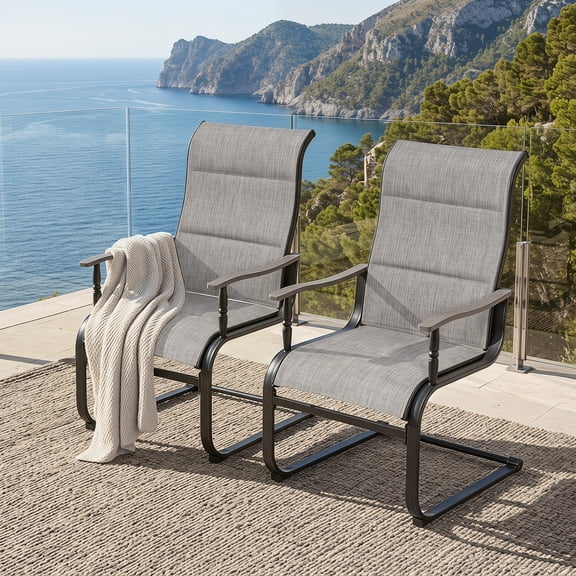 Nuu Garden 2-Piece Patio Chair Set, C-Spring Motion Patio Dining Chairs with Wood-Grain Armrests and High Backrests, Padded Textilene Outdoor Dining Chairs, All-Weather, Grayish