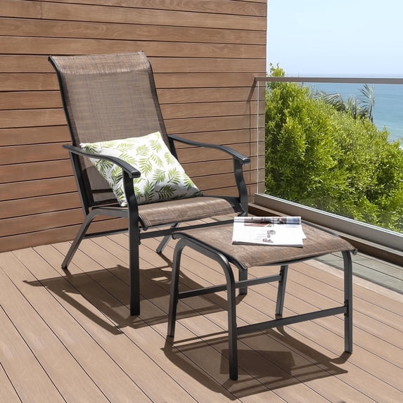 Nuu Garden 2 Piece Patio Lounge Chair, Reclining Chair with Ottoman, All-Weather Textilene Chaise Lounge, Metal Frame, 2 in 1 Combination, Brown