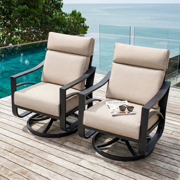 Nuu Garden 2-Piece Swivel Rocking Sofa Chairs, Powder-Coated Aluminum Frame with High-Back Design, 5.4" Thick Padded Cushions, for Garden Poolside Backyard, Black and Beige