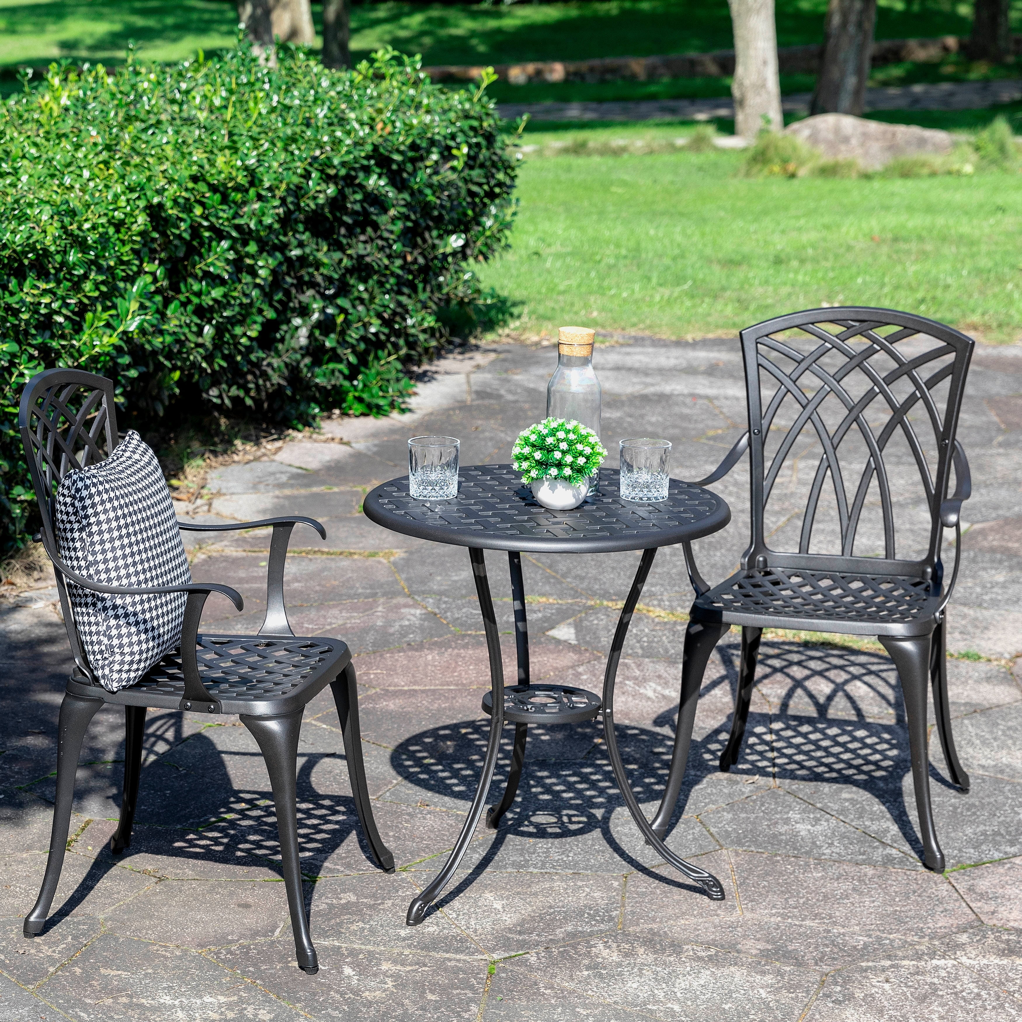 Black and Gold Cast Aluminum Outdoor Bistro Set with Round Table and 2 Chairs