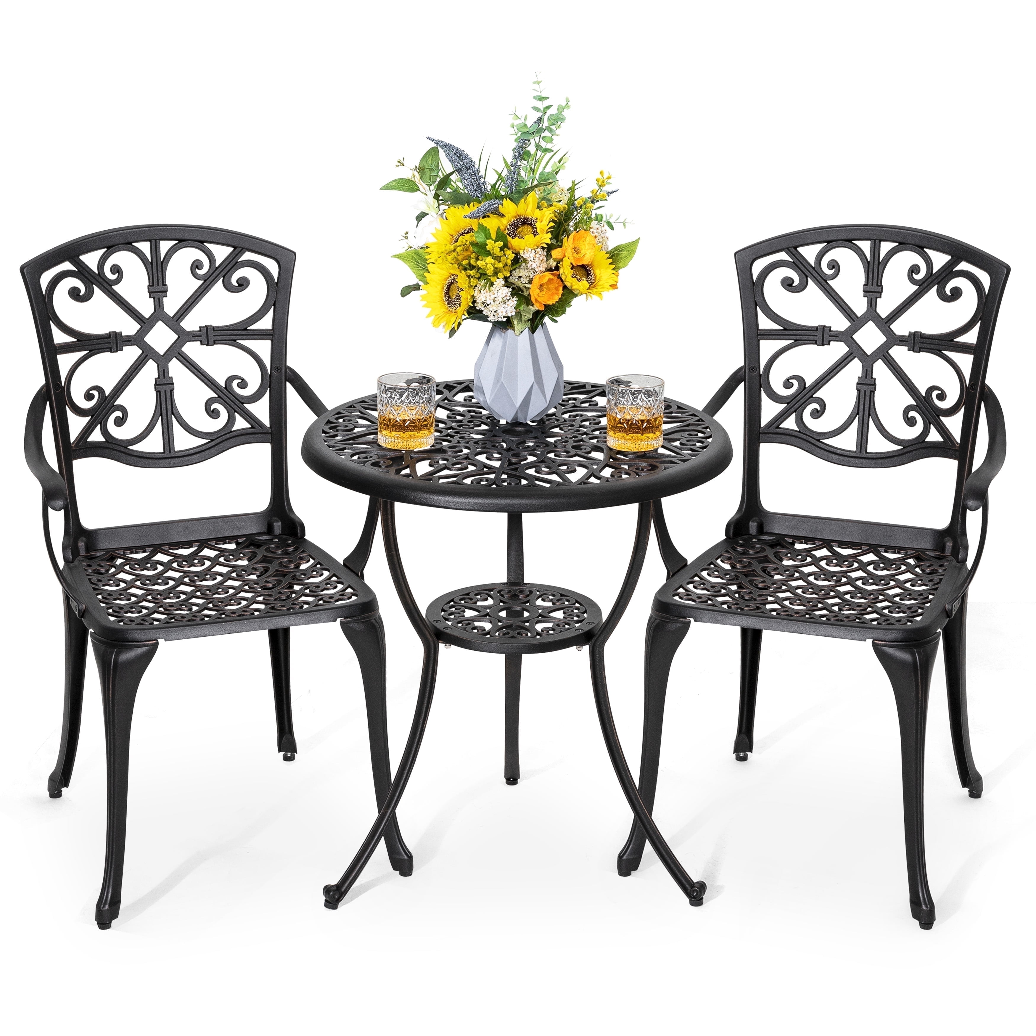 Black and Antique Bronze Cast Aluminum Outdoor Bistro Set with Cushions