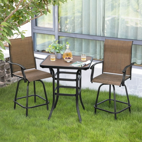 Nuu Garden 3-Piece Outdoor Bar Set, All-Weather Patio High Bar Stool Bistro Set with 2 Height Back Swivel Textilene Bar Stools and 1 Metal Table with Faux Wood Tabletop, Black and Brown