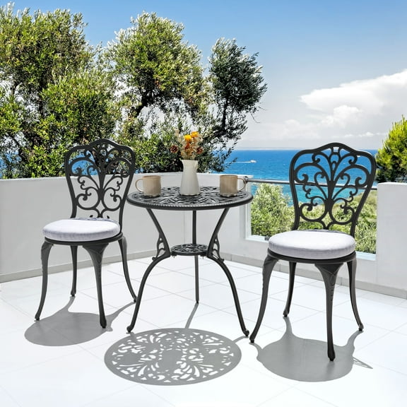 Nuu Garden 3-Piece Outdoor Bistro Set with 1.4'' Thick Cushions, Round 24 Inch Cast Aluminum Round Table with 1.77'' Umbrella Hole and 2 Cast Aluminum Armless Chairs, Black