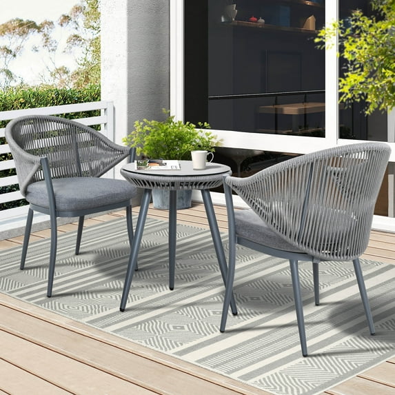 Nuu Garden 3 Piece Outdoor Bistro Set, Woven Rope Conversation Patio Set, All Weather Aluminum Patio Furniture Chairs and Table with Cushions for Garden, Deck, Backyard, Gray