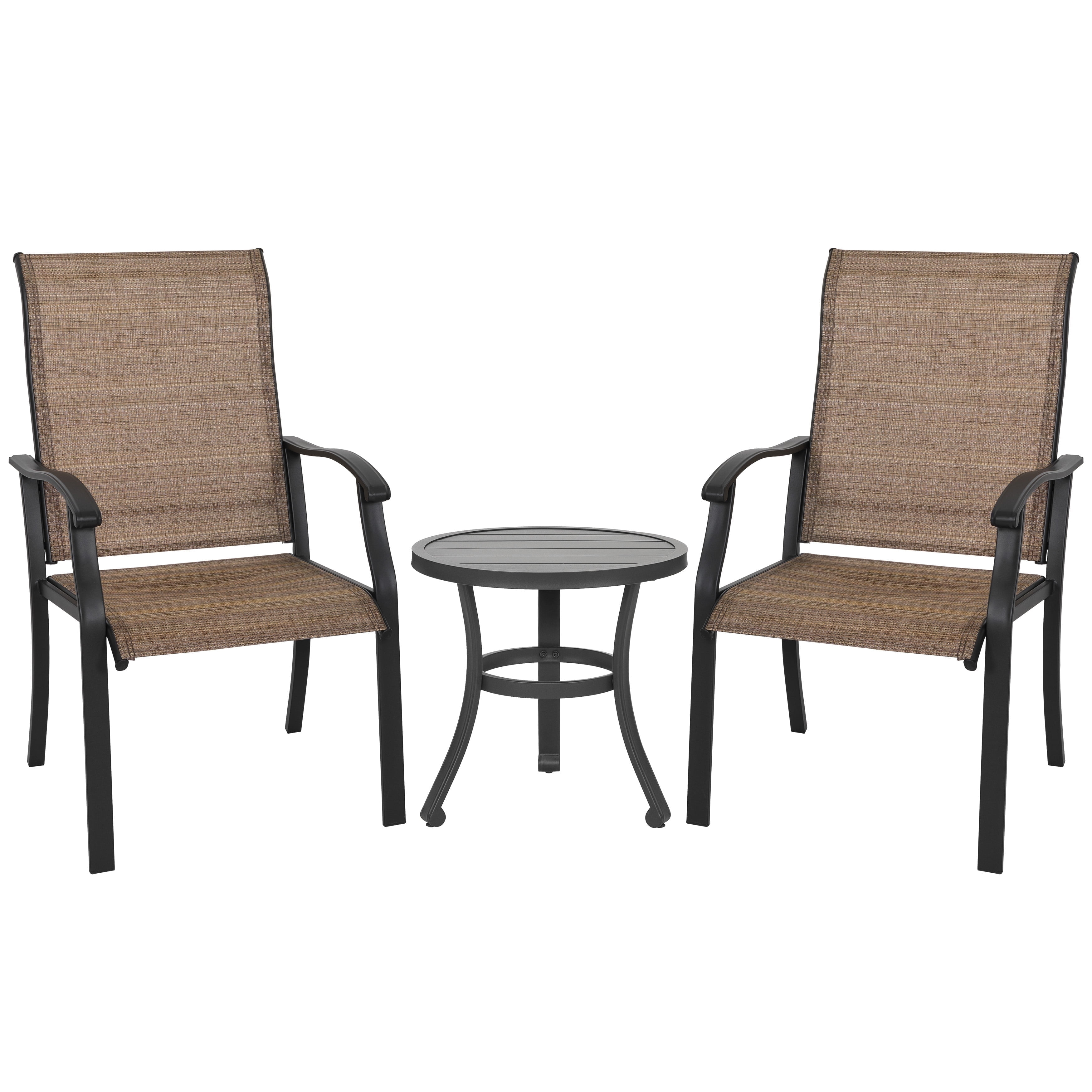 Nuu Garden 3 Piece Outdoor Iron Patio Bistro Furniture Set, Textilene Chair, Balcony, Backyard, Porch, Black and Brown