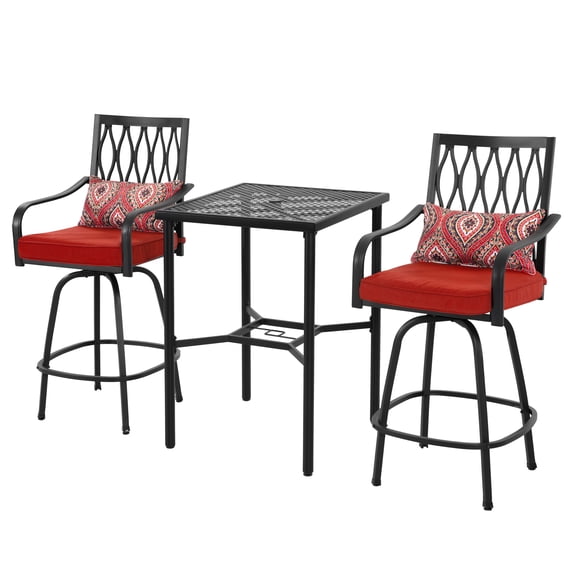 Nuu Garden 3-Piece Outdoor Patio Bar Set, 2 Swivel Bar Stools with Red Padded Cushions and Extra Pillows & Footrest, 28'' Square Metal Bar Height Bistro Table with 1.57'' Umbrella Hole, Black