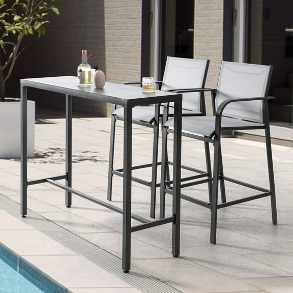 Nuu Garden 3 Piece Patio Bar Set, High Stools Set with Rectangular Bar Table, All Weather Textilene Outdoor Bar Stools Chair Set of 2, Gray