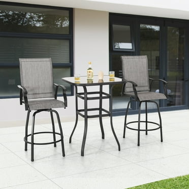 Nuu Garden 3 Piece Patio Bar Set, Textilene Bar Stools Set, All Weather Outdoor Swivel Bar Stools Chair Set of 2, High Stools Set with Tempered Glass Table, Brown
