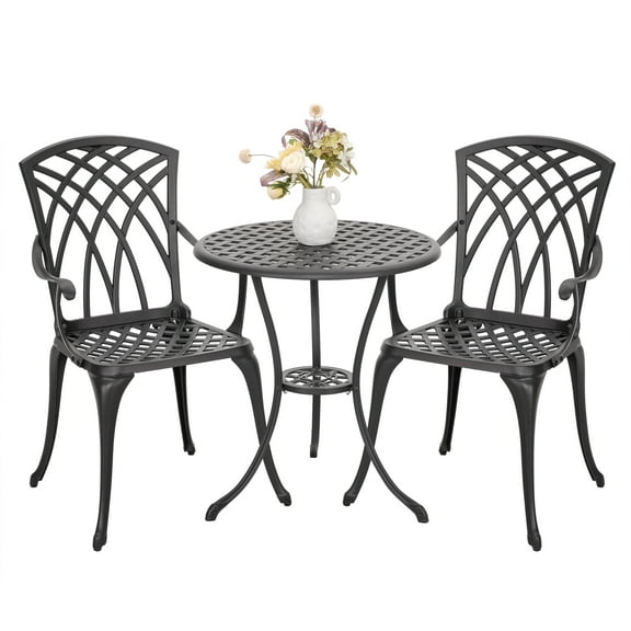 Nuu Garden 3 Piece Patio Bistro Sets, Cast Aluminum Outdoor Dining Set, Bistro Table Set, Patio Chairs and Round Table with Umbrella Hole, Black