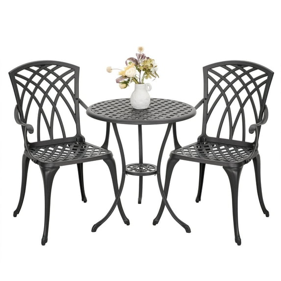 Nuu Garden 3 Piece Patio Bistro Sets, Cast Aluminum Outdoor Dining Set, Bistro Table Set, Patio Chairs and Round Table with Umbrella Hole, Black