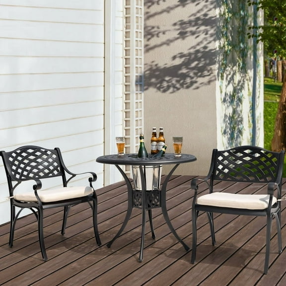 Nuu Garden 3 Pieces Cast Aluminum Outdoor Patio Bistro Set with Cushions, Patio Furniture Set with Umbrella Hole All-Weather Small Patio Table and Chairs,Black&Beige