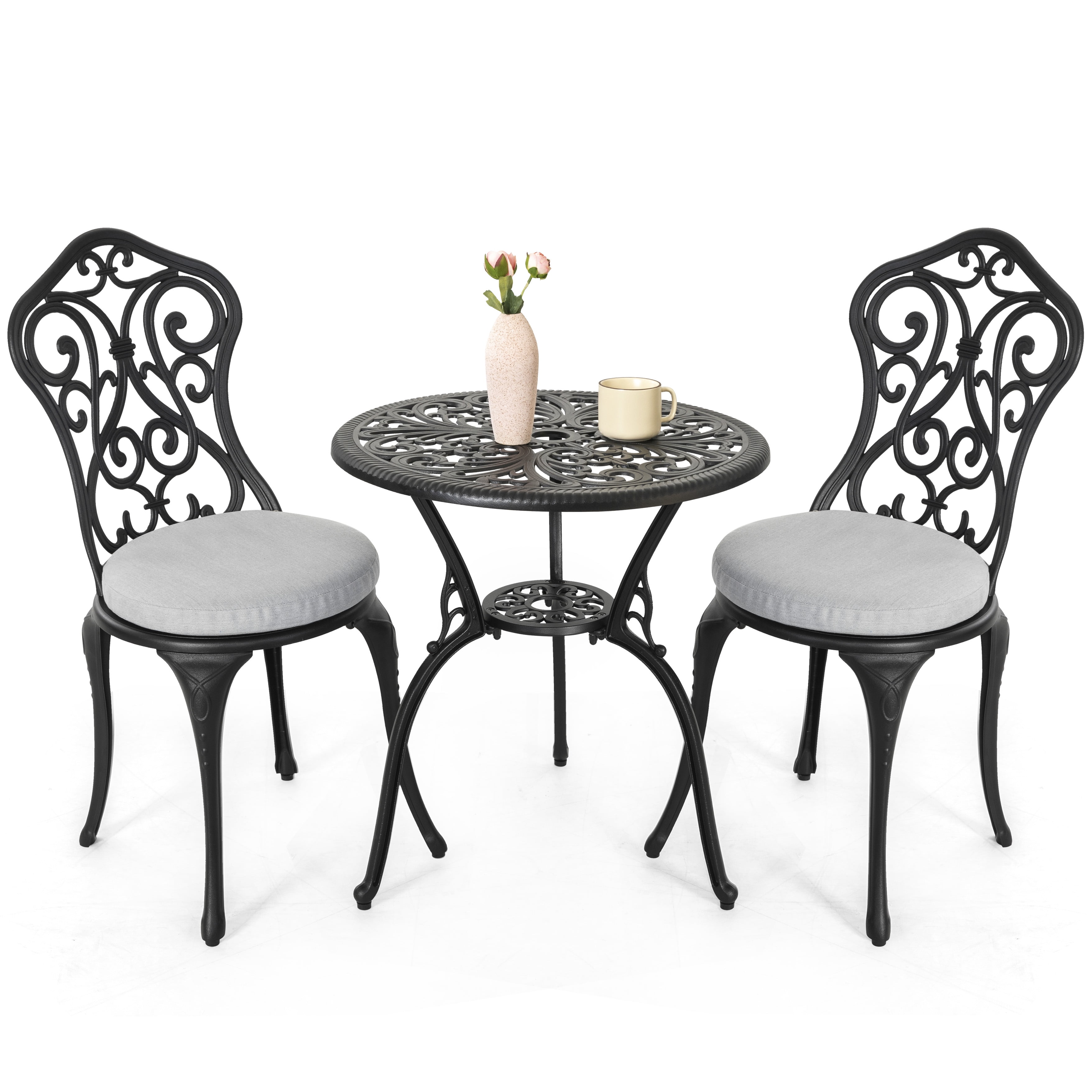 Black Cast Aluminum High Back Bistro Set with Gray Cushions