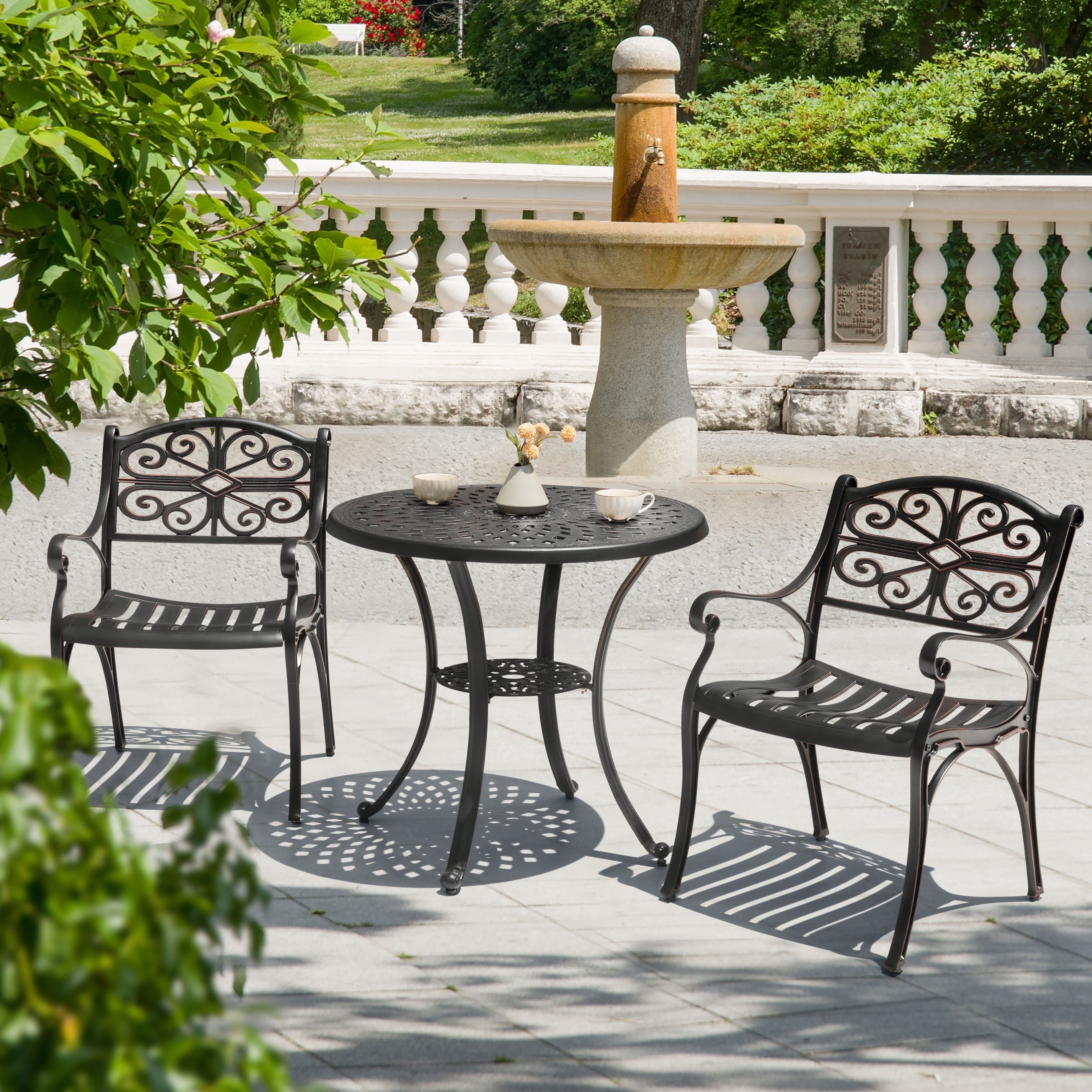 Black and Antique Bronze Cast Aluminum Outdoor Bistro Set with Cushions