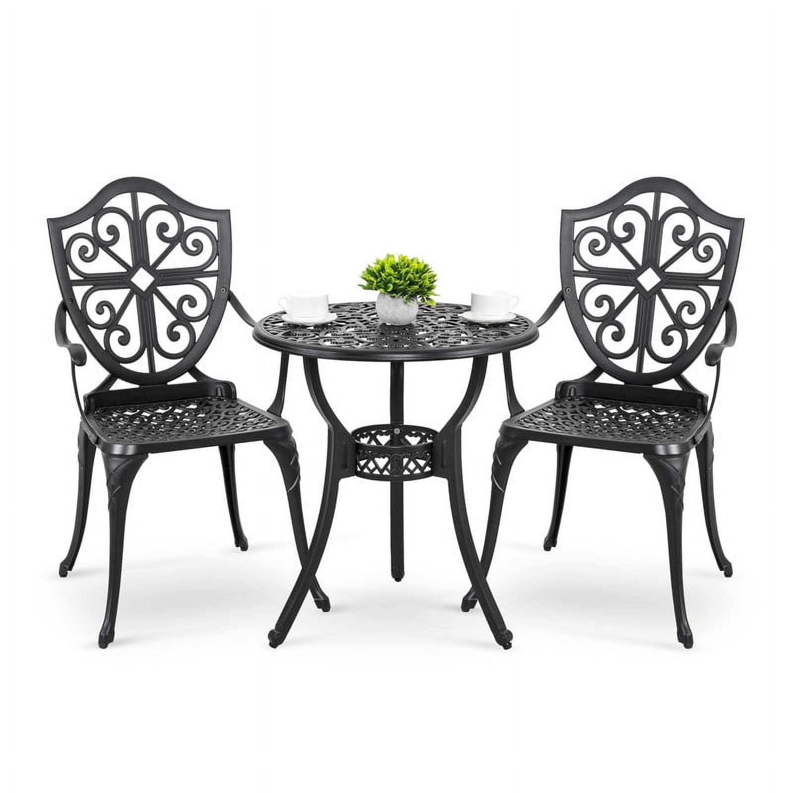 Black Cast Aluminum 3-Piece Vintage Bistro Set with Floral Design