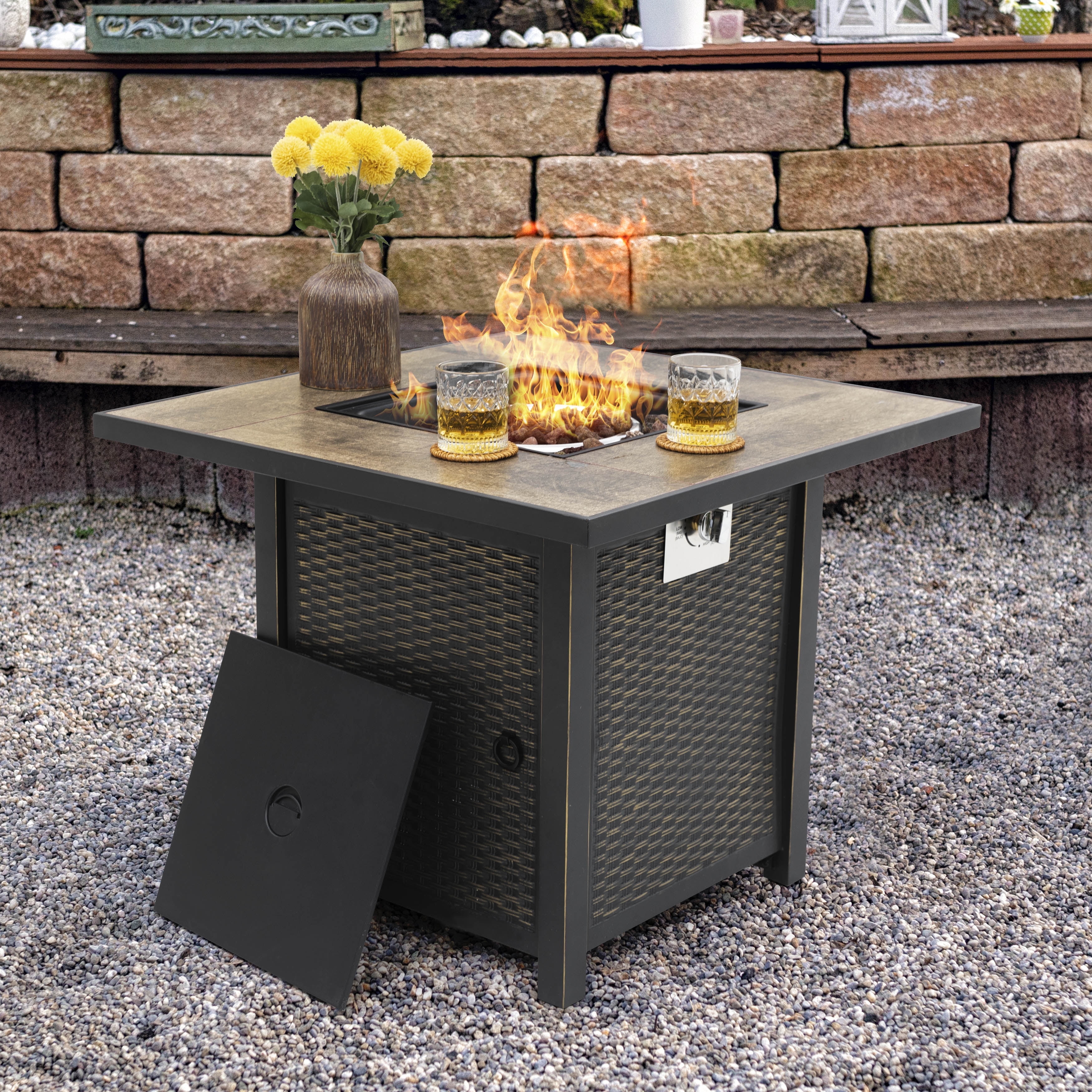 Nuu Garden 30'' Patio Fire Pit Table, 50,000 BTU Propane Gas Fire Pit for Outside Patio, With Lid and Lava Rocks, Ceramic Tile Tabletop, Black
