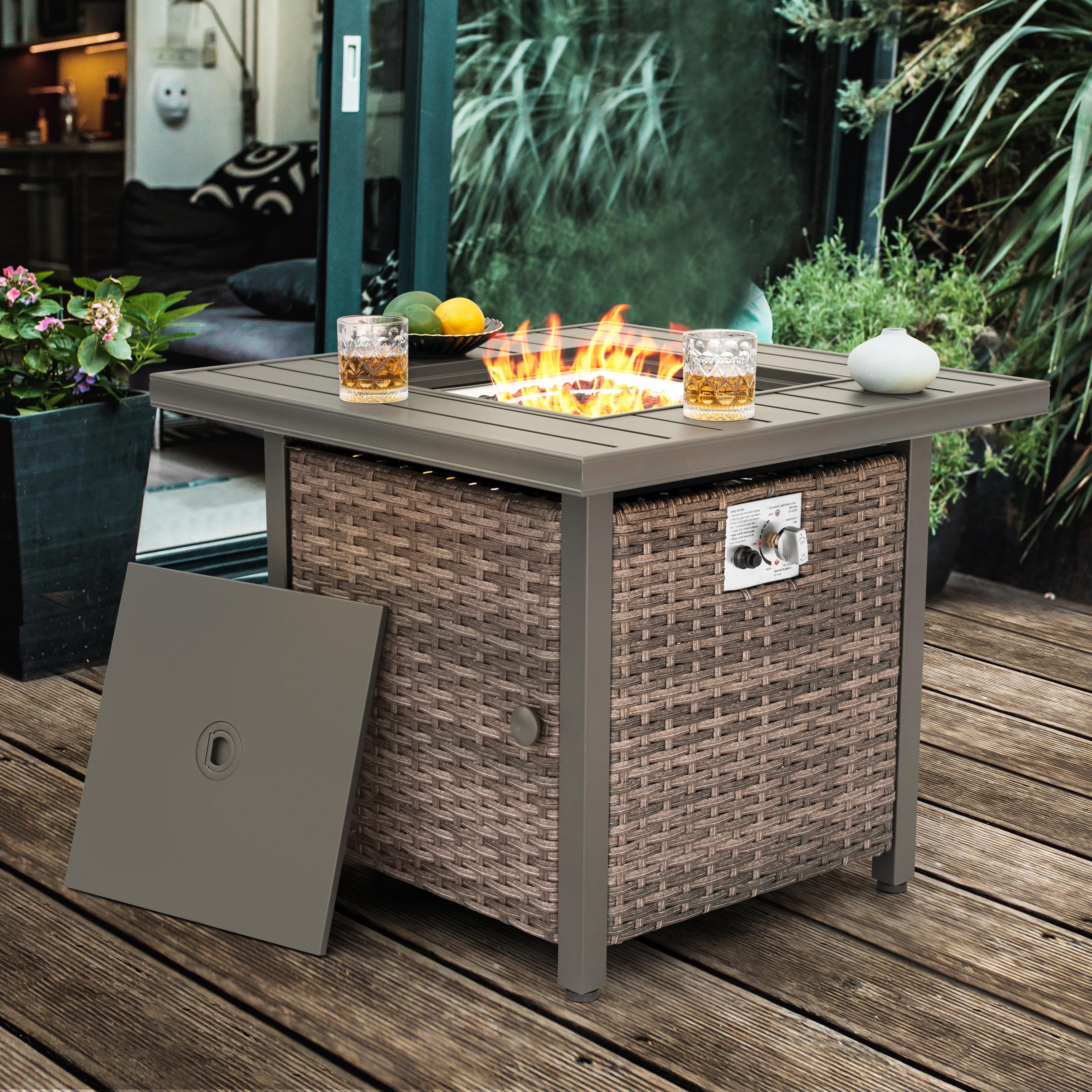 Nuu Garden 30 inch Outdoor Propane Fire Pit 50,000 BTU Gas Fire Pit Table with Lid, Hand-Woven Wicker, Square Gas Fire Pit Table with Glass Beads for Garden, Patio, CSA Certification