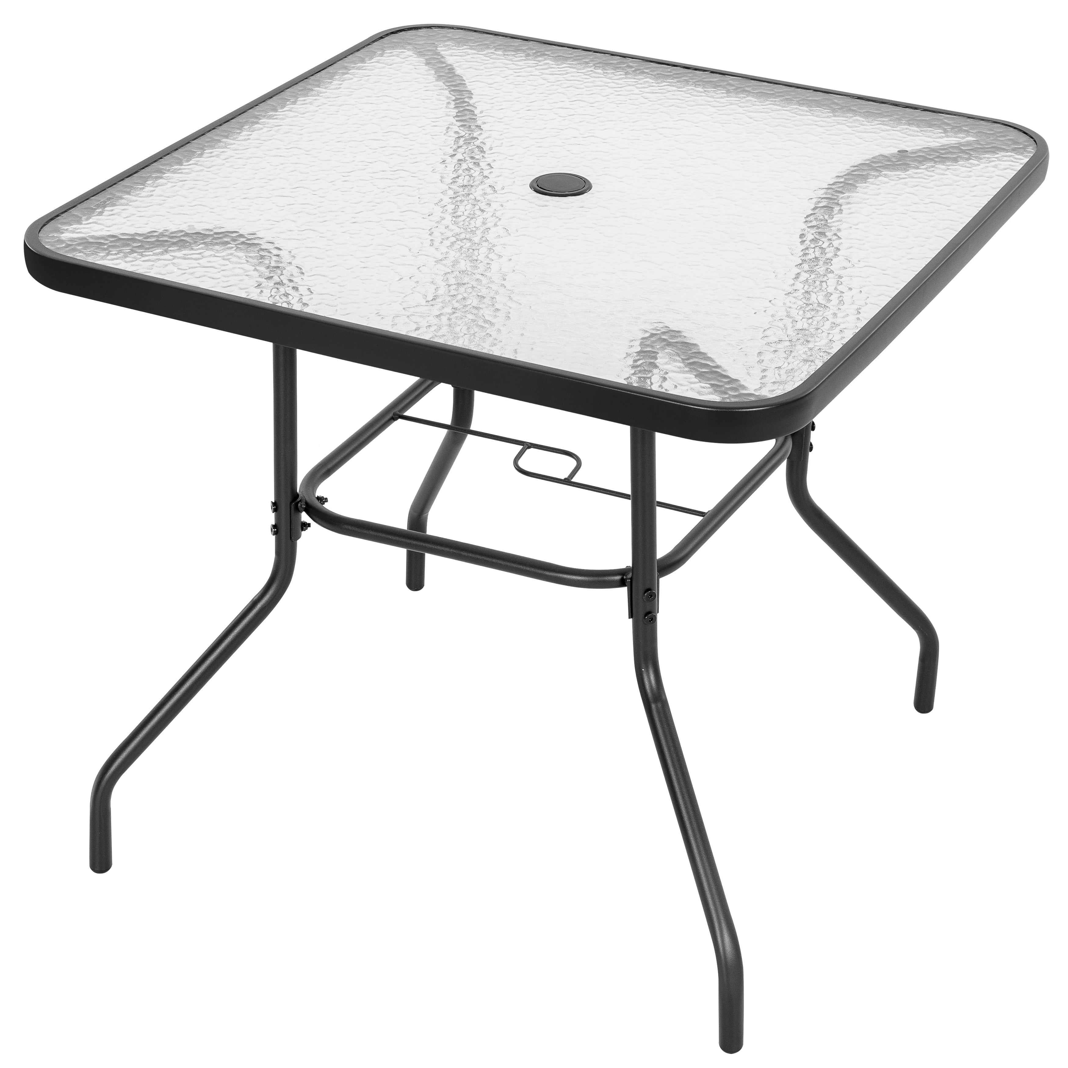 Black Square Metal Outdoor Dining Table with Tempered Glass Top