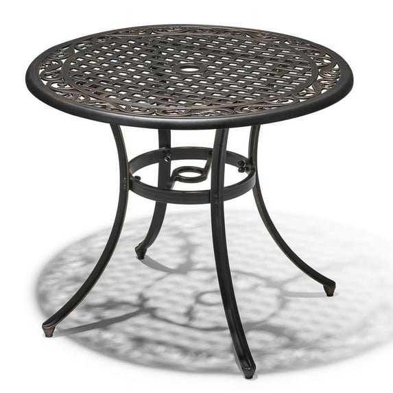Nuu Garden 36" Cast Aluminum Outdoor Dining Table, Patio Bistro Round Table with Umbrella Hole, Black with Antique Bronze at The Edge