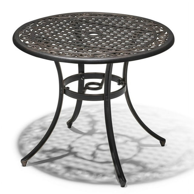 Nuu Garden 36" Cast Aluminum Outdoor Dining Table Round Patio Bistro Dining Table with Umbrella Hole,Black with Antique Bronze at The Edge