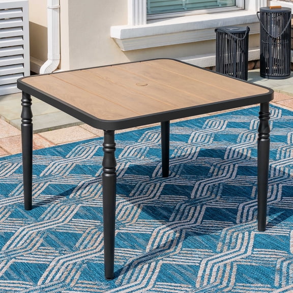 Nuu Garden 37" Square Outdoor Dining Table, Metal Dining Table with Umbrella Hole, Wood-Grain Tabletop, Weather-Resistant Patio Dining Table, Black