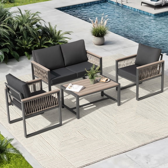 Nuu Garden 4-Piece Outdoor Patio Furniture Set - Patio Set with 2 Single Sofas, 1 Loveseat and Plastic Wood Top Coffee Table, Weather-Resistant Cushions for Porch, Balcony, Lawn, Matte Gray