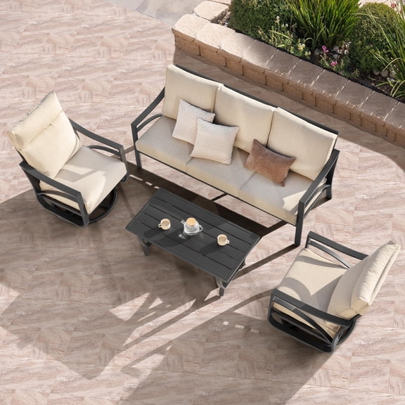 Nuu Garden 4-Piece Sofa Set with Swivel Rocking Sofa Chairs, Powder-Coated Aluminum Frame, High-Back Design, Thick Padded Zippered Cushions, for Garden Poolside Backyard, Black and Beige