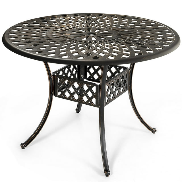 Nuu Garden 42" Cast Aluminum Round Outdoor Dining Table,Patio Bistro Table with Umbrella Hole Conversation Table, Black with Antique Bronze at The Edge