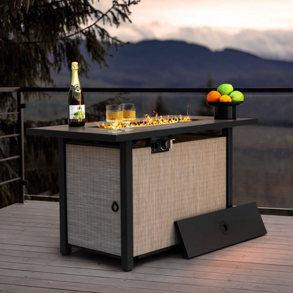 Nuu Garden 43" Propane Fire Pit Table, 50,000 BTU Outdoor Metal Gas Fire Pit with Lid and Glass Beads, Rectangle, Light Brown