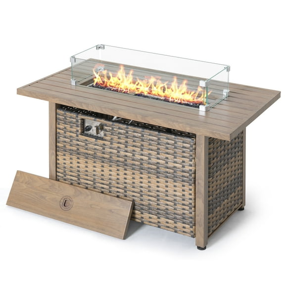 Nuu Garden 43'' Propane Gas Fire Pit with Glass Wind Guard, Rattan Outdoor Fire Pit Table 50,000 BTU Smokeless with Lid and Glass Beads, All-Metal Frame Patio Fire Pit Table , Brown