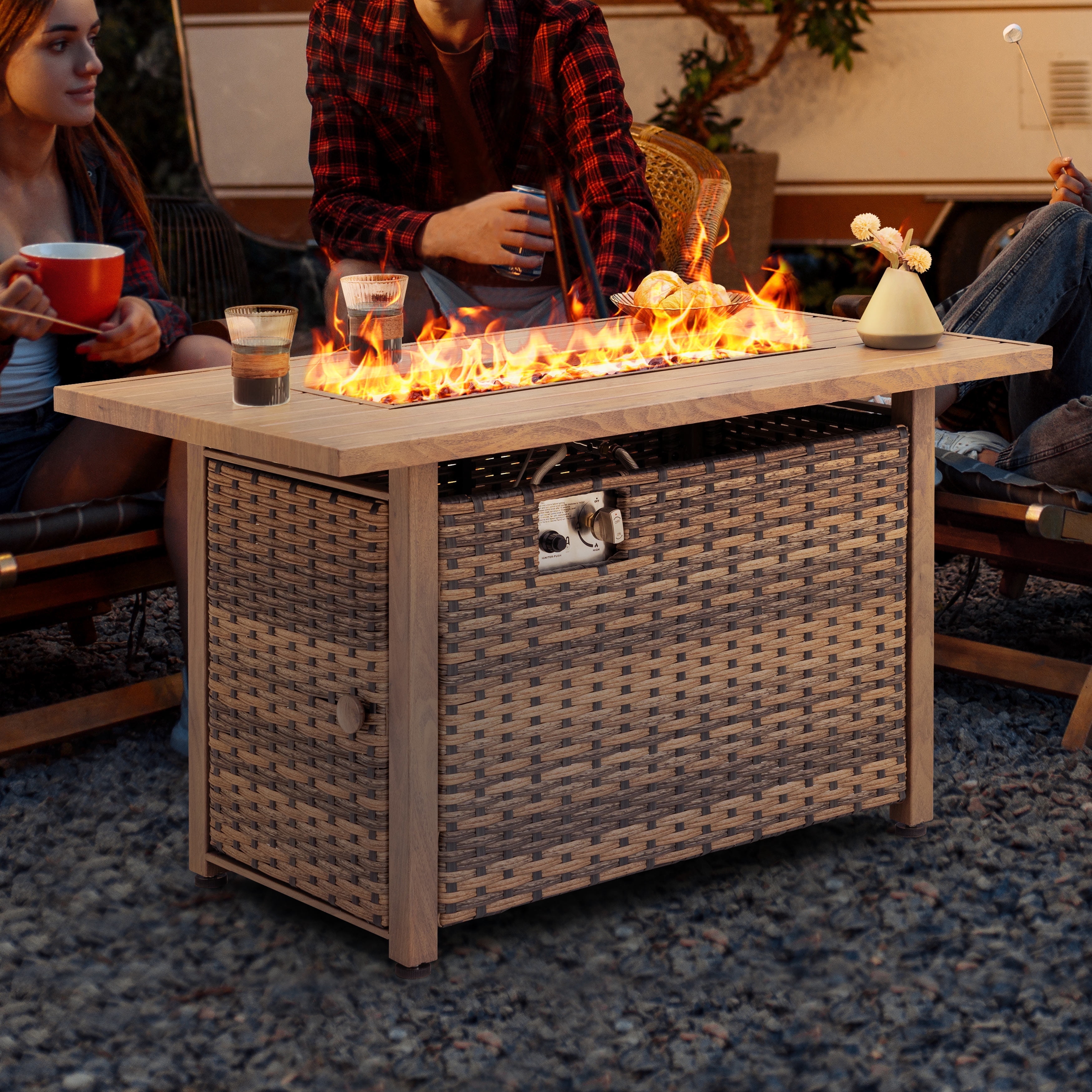 Nuu Garden 43'' Brown Rattan Gas Fire Pit Table with Glass Beads