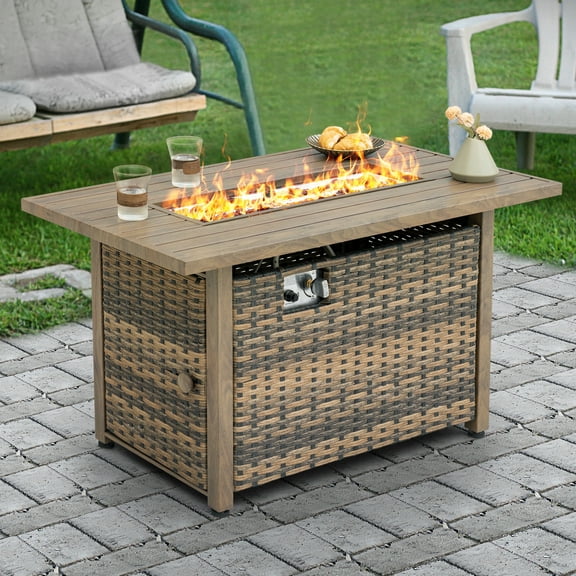Nuu Garden 43'' Propane Gas Fire Pit Rattan Outdoor Fire Pit Table 50,000 BTU Smokeless Gas Fire Pit, All-Metal Frame Patio Fire Pit Table, Brown