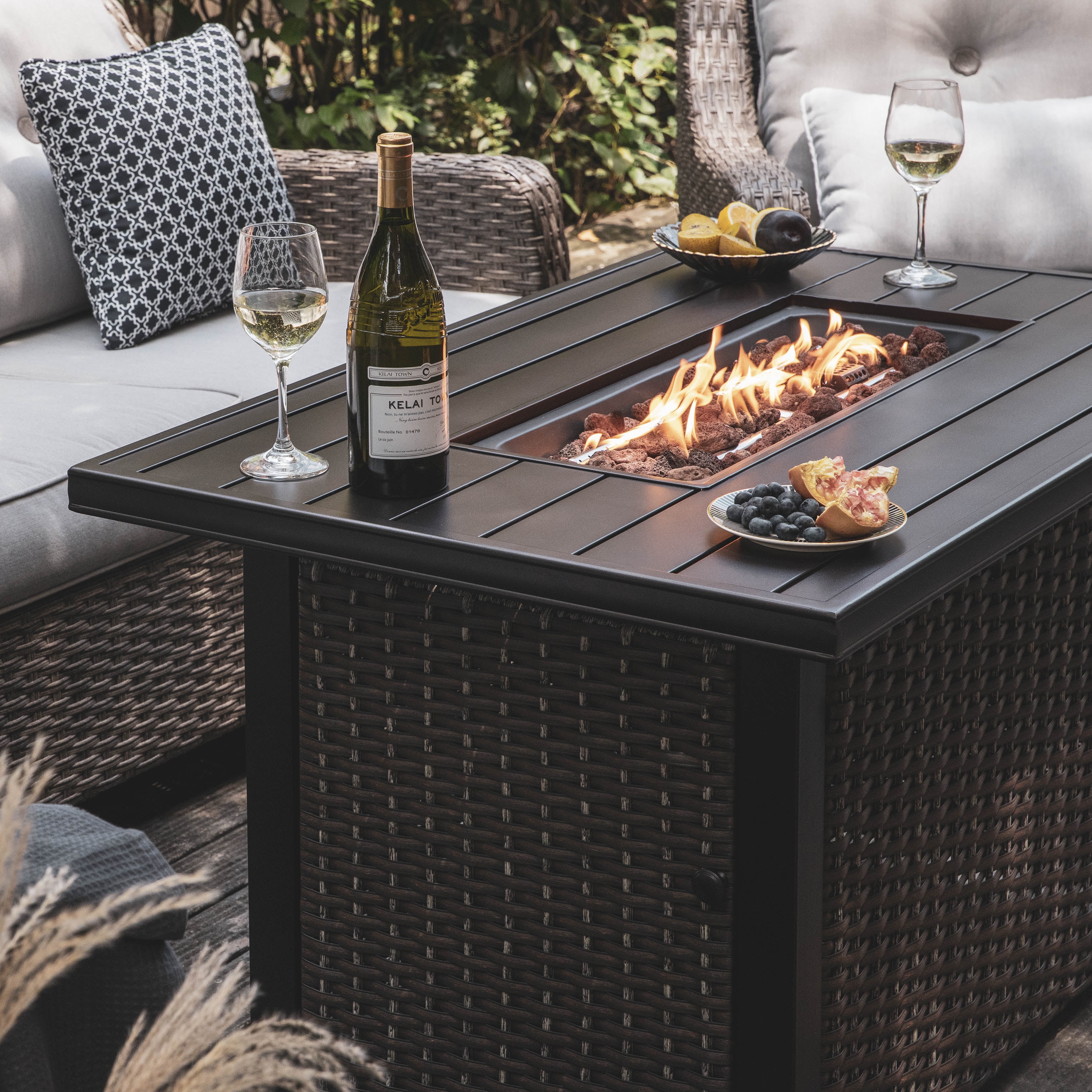 Nuu Garden 44 inch 50 000 BTU Outdoor Wicker Propane Gas Fire Pit Table with Lava Rocks Aluminum Tabletop Patio