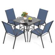 Nuu Garden 5 PCS Patio Dining Set, Metal Outdoor Table and Chairs, with 4 Stackable Chairs and 31.5  Square Table with Umbrella Hole, Outdoor Dining Set for Lawn, Balcony, Garden, Black and Blue