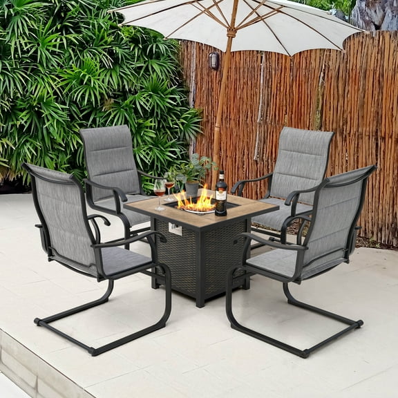 Nuu Garden 5-Piece Outdoor Fire Pit Table Set, 50,000 BTU Patio Metal Fire Pit with 4 Textilene Dining Chairs for Patio, Lava Rocks and Lid, Gray