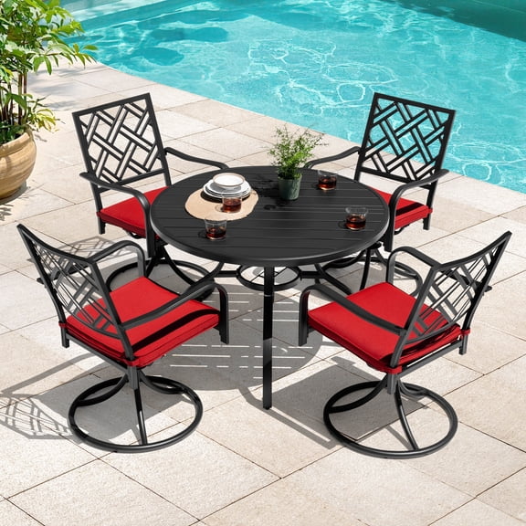 Nuu Garden 5-Piece Metal Patio Dining Set with Umbrella Hole, Outdoor Patio Dining Table and Chairs Set, Round Table and 4 Swivel Chairs, Black and Red