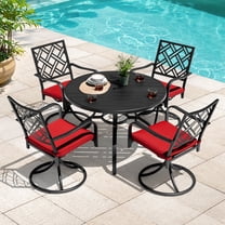 Nuu Garden 5-Piece Metal Patio Dining Set with Umbrella Hole, Outdoor Patio Dining Table and Chairs Set, Round Table and 4 Swivel Chairs, Black and Red
