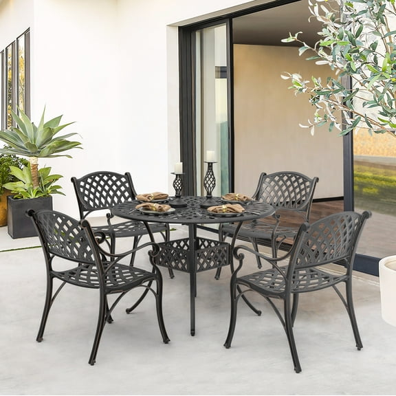Nuu Garden 5-Piece Outdoor Bar Set, Outdoor Patio Dining Furniture Set, Round Dining Table with Umbrella Hole and Patio Dining Chairs, Bronze