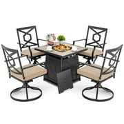 Nuu Garden 5-Piece Outdoor Conversation Set with 28-Inch 50,000 BTU Propane Gas Fire Pit Table&4 Swivel Chairs,Patio Furniture Set with Cover and Padded Cushions,Black&Beige