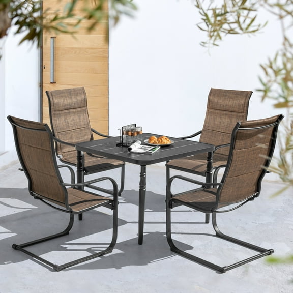 Nuu Garden 5-Piece Outdoor Dining Set, 4 Padded Textilene C-Spring Motion Chairs & 37” Metal Table with Umbrella Hole, Weather-Resistant Furniture Set with Ergonomic Design, Black and Brown