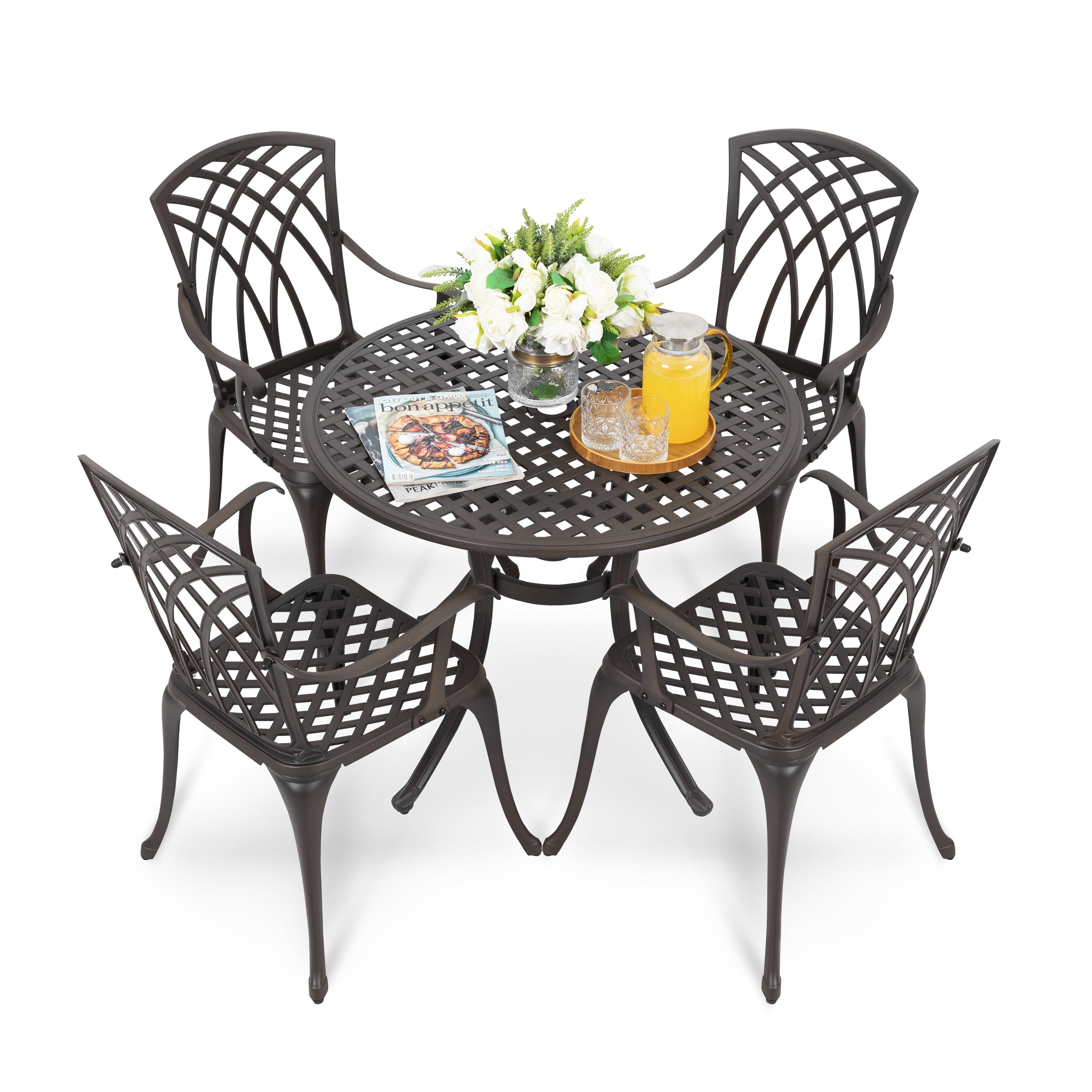 Nuu Garden 5-Piece Outdoor Dining Set, Cast Aluminum All-Weather Patio Furniture Set, Outside Patio Table and Chairs with Umbrella Hole for Garden, Deck, Antique Bronze