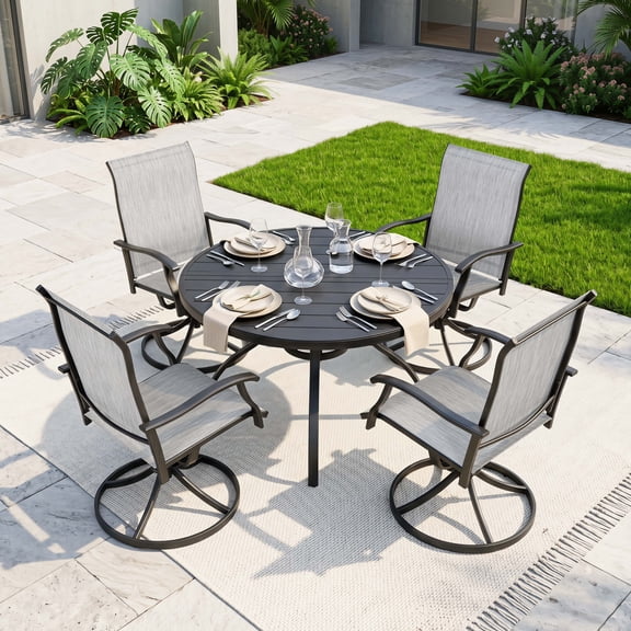 Nuu Garden 5-Piece Outdoor Dining Set, Metal Dining Table with Umbrella Hole and 4 Textilene Swivel Chairs, Patio Table and Chair Set, All-Weather Patio Dining Set, Black and Light Gray
