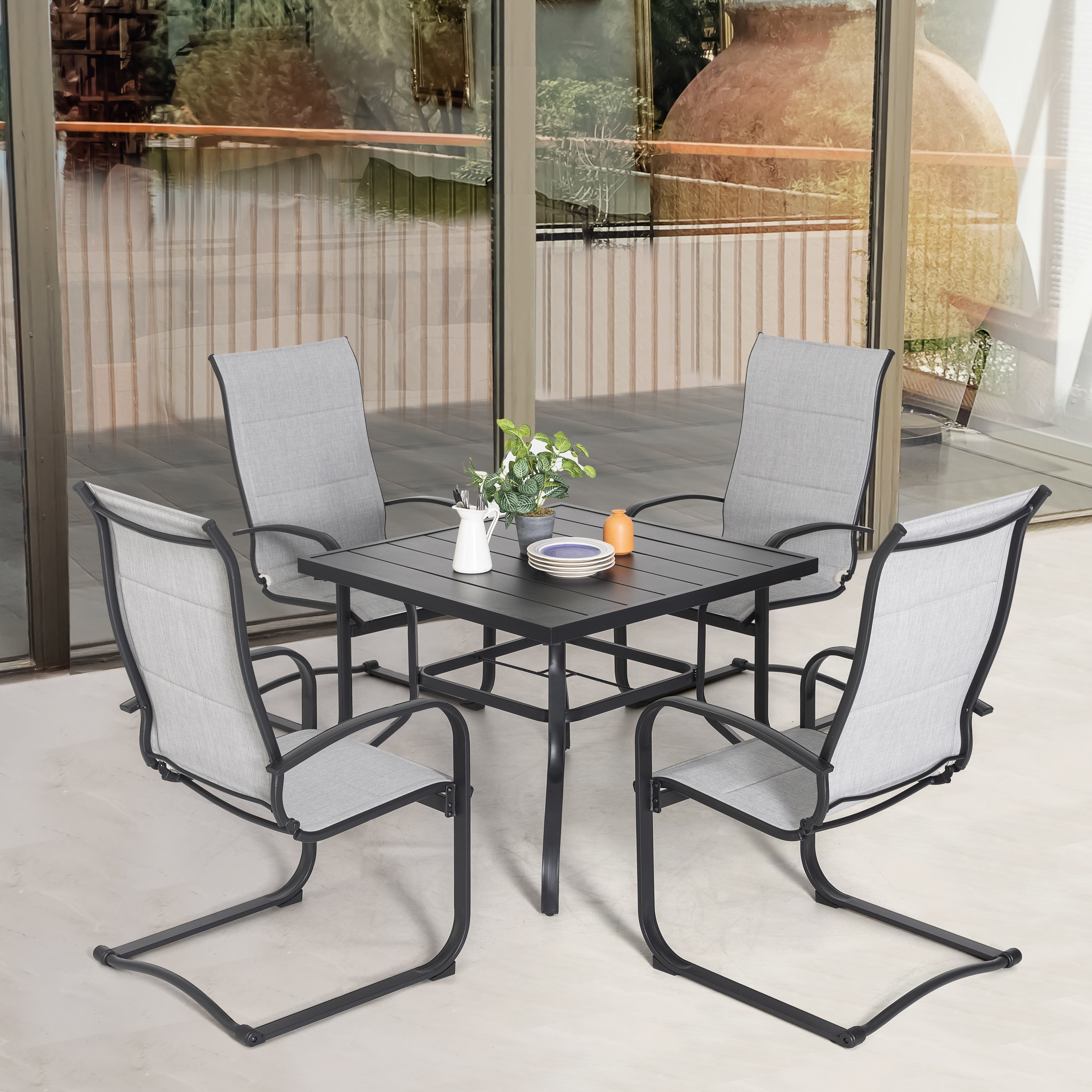 5-Piece Black and Gray Iron Outdoor Dining Set with Armchairs